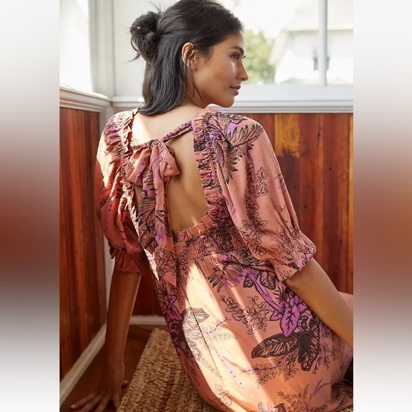 Anthropologie Pink Orange  Smocked Floral Botanical Midi Dress with puff sleeves - Picture 4 of 12